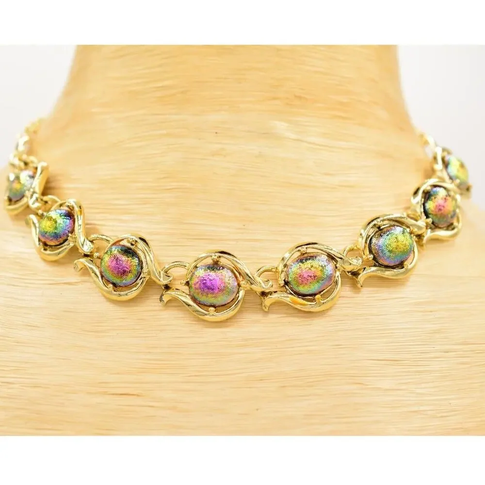 Vintage Collar Choker Necklace Lucite Watermelon Chrome Gold Linked 1970s BinA